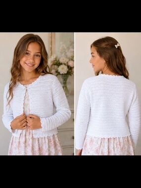 Green Dog Girls Crochet Cardigan‎ Sweater White Scallop Trim Youth Size 16